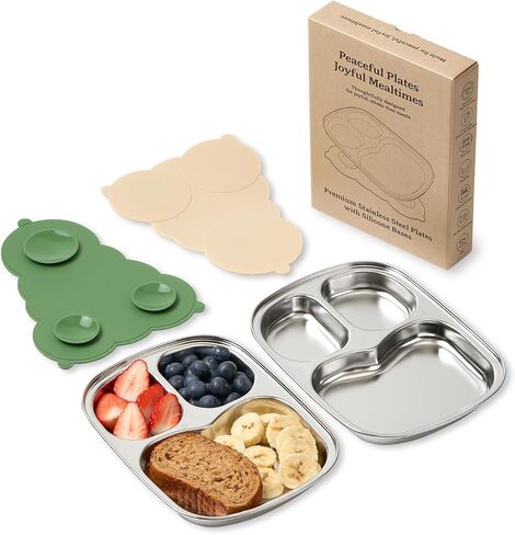 Stainless Steel Divided Toddler Plates with Dual Suction, Premium Korean 304 Steel, Electro-Polished, No Black Residue, Baby & Little Kids Food Tray Feeding Set – 2 Plates + 2 Bases (Sage & Sand) in Saudi Arabia