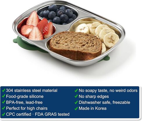Stainless Steel Divided Toddler Plates with Dual Suction, Premium Korean 304 Steel, Electro-Polished, No Black Residue, Baby & Little Kids Food Tray Feeding Set – 2 Plates + 2 Bases (Sage & Sand) in Saudi Arabia