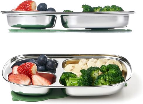 Stainless Steel Divided Toddler Plates with Dual Suction, Premium Korean 304 Steel, Electro-Polished, No Black Residue, Baby & Little Kids Food Tray Feeding Set – 2 Plates + 2 Bases (Sage & Sand) in Saudi Arabia