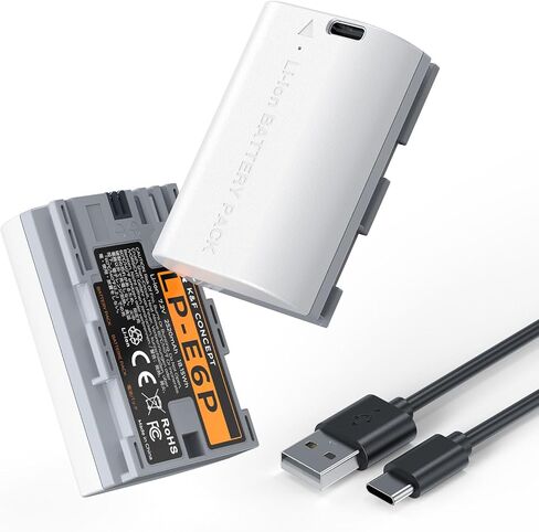 بطاريات K&F CONCEPT 2-Pack 2520mAh LP-E6P، بطارية USB-C R5 Mark II متوافقة مع كاميرات Canon R6 Mark III/II، R5 R6 R7، 5D 6D 7D in Kuwait