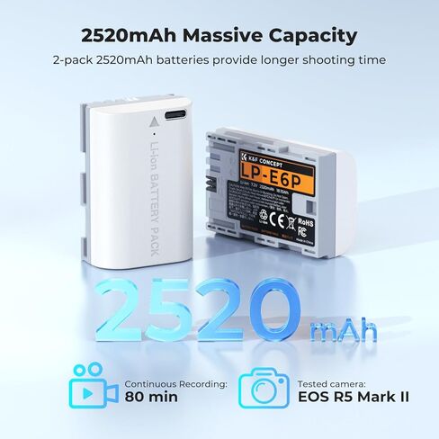 بطاريات K&F CONCEPT 2-Pack 2520mAh LP-E6P، بطارية USB-C R5 Mark II متوافقة مع كاميرات Canon R6 Mark III/II، R5 R6 R7، 5D 6D 7D in Kuwait