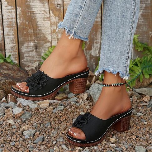 Women's Flower Chunky Heel Orthopedic Wedge Sandals Open Toe Slip On Platform Casual Walking Slides Dressy Boho Comfortable Beach Sandals in Saudi Arabia