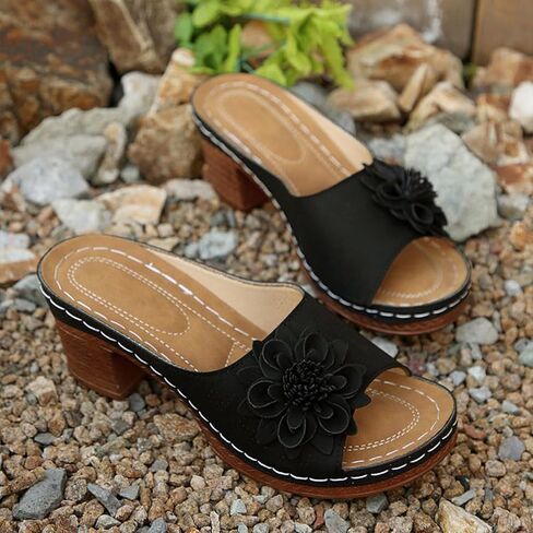 Women's Flower Chunky Heel Orthopedic Wedge Sandals Open Toe Slip On Platform Casual Walking Slides Dressy Boho Comfortable Beach Sandals in Saudi Arabia