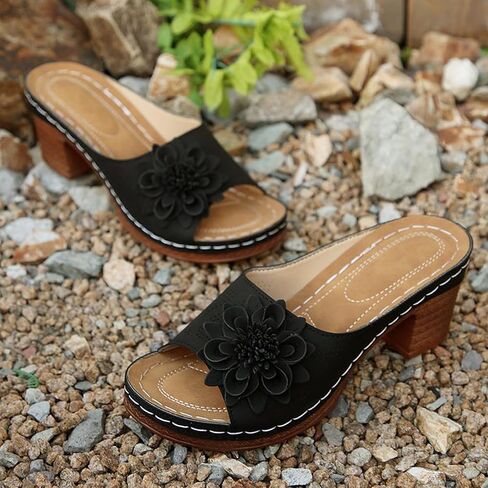 Women's Flower Chunky Heel Orthopedic Wedge Sandals Open Toe Slip On Platform Casual Walking Slides Dressy Boho Comfortable Beach Sandals in Saudi Arabia