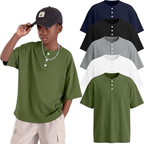 5 Pack Boys' Oversized Shirts Short Sleeve Henley Loose Tees Casual Summer Basic Tops 5-14 Years in Kuwait