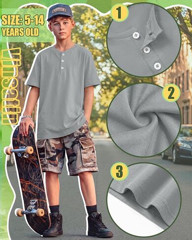 مجموعة من 5 قمصان للأولاد كبيرة الحجم بأكمام قصيرة وقمصان فضفاضة من Henley للصيف كاجوال أساسية من 5 إلى 14 سنة in Kuwait