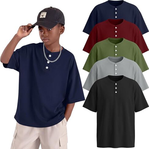 مجموعة من 5 قمصان للأولاد كبيرة الحجم بأكمام قصيرة وقمصان فضفاضة من Henley للصيف كاجوال أساسية من 5 إلى 14 سنة in Kuwait
