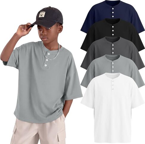 مجموعة من 5 قمصان للأولاد كبيرة الحجم بأكمام قصيرة وقمصان فضفاضة من Henley للصيف كاجوال أساسية من 5 إلى 14 سنة in Kuwait