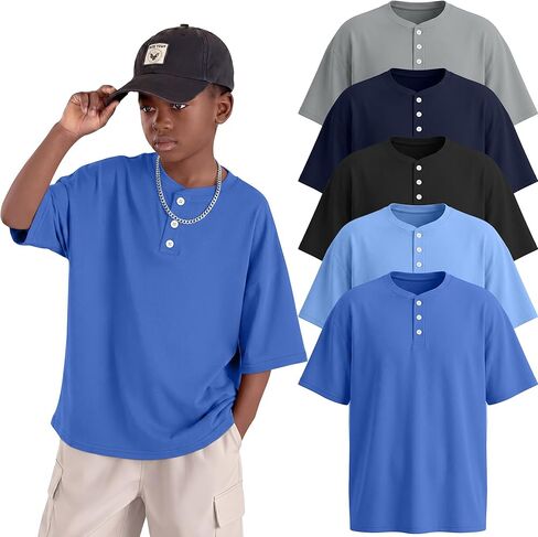 مجموعة من 5 قمصان للأولاد كبيرة الحجم بأكمام قصيرة وقمصان فضفاضة من Henley للصيف كاجوال أساسية من 5 إلى 14 سنة in Kuwait