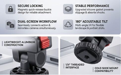 GOWENIC Magnetic Cold Shoe Adapter, Aluminum Alloy Mount with 180 Tilt Adjustment and Anti Slip Silicone Gasket, for Osmo 4 3 Mirrorless Camera Dual Screen Photography in Kuwait