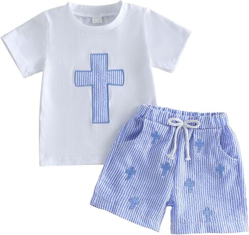 Baby Boy Easter Outfit Bunny Short Sleeve T-shirt Top Checkered Shorts Set Toddler Summer Trendy Boys Clothes in Kuwait