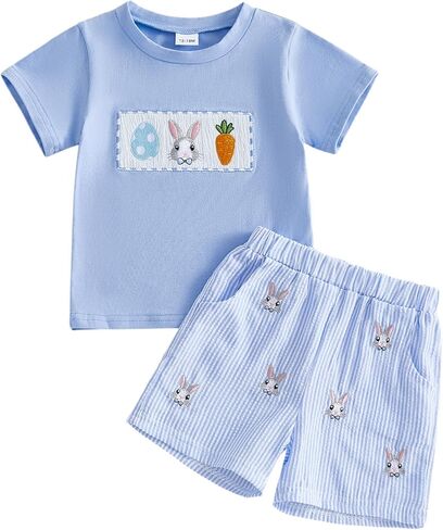 Baby Boy Easter Outfit Bunny Short Sleeve T-shirt Top Checkered Shorts Set Toddler Summer Trendy Boys Clothes in Saudi Arabia
