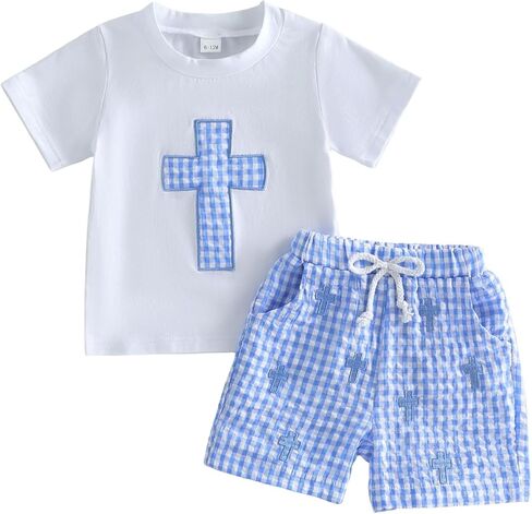 Baby Boy Easter Outfit Bunny Short Sleeve T-shirt Top Checkered Shorts Set Toddler Summer Trendy Boys Clothes in Saudi Arabia