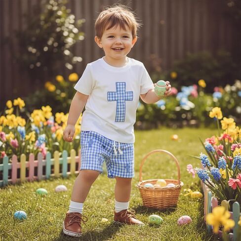 Baby Boy Easter Outfit Bunny Short Sleeve T-shirt Top Checkered Shorts Set Toddler Summer Trendy Boys Clothes in Saudi Arabia