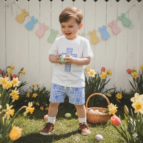 Baby Boy Easter Outfit Bunny Short Sleeve T-shirt Top Checkered Shorts Set Toddler Summer Trendy Boys Clothes in Saudi Arabia