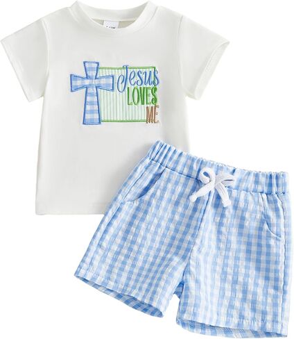 Baby Boy Easter Outfit Bunny Short Sleeve T-shirt Top Checkered Shorts Set Toddler Summer Trendy Boys Clothes in Saudi Arabia