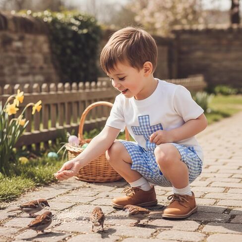 Baby Boy Easter Outfit Bunny Short Sleeve T-shirt Top Checkered Shorts Set Toddler Summer Trendy Boys Clothes in Saudi Arabia