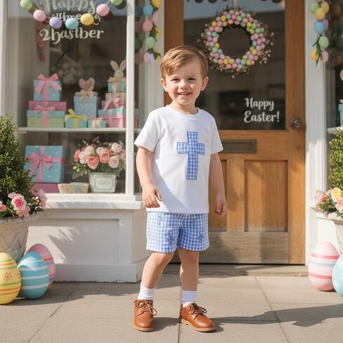 Baby Boy Easter Outfit Bunny Short Sleeve T-shirt Top Checkered Shorts Set Toddler Summer Trendy Boys Clothes in Saudi Arabia