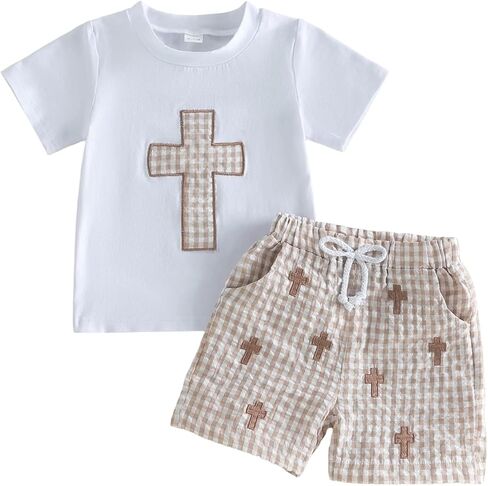 Baby Boy Easter Outfit Bunny Short Sleeve T-shirt Top Checkered Shorts Set Toddler Summer Trendy Boys Clothes in Saudi Arabia