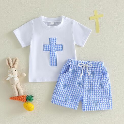 Baby Boy Easter Outfit Bunny Short Sleeve T-shirt Top Checkered Shorts Set Toddler Summer Trendy Boys Clothes in Saudi Arabia