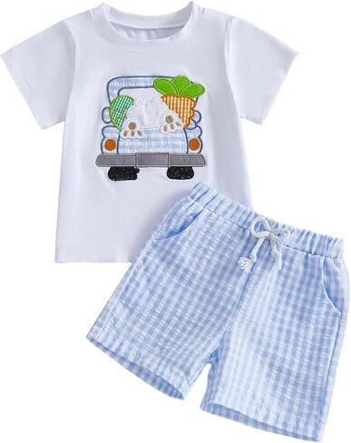 Baby Boy Easter Outfit Bunny Short Sleeve T-shirt Top Checkered Shorts Set Toddler Summer Trendy Boys Clothes in Saudi Arabia