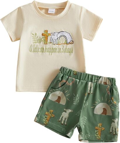 Baby Boy Easter Outfit Bunny Short Sleeve T-shirt Top Checkered Shorts Set Toddler Summer Trendy Boys Clothes in Saudi Arabia