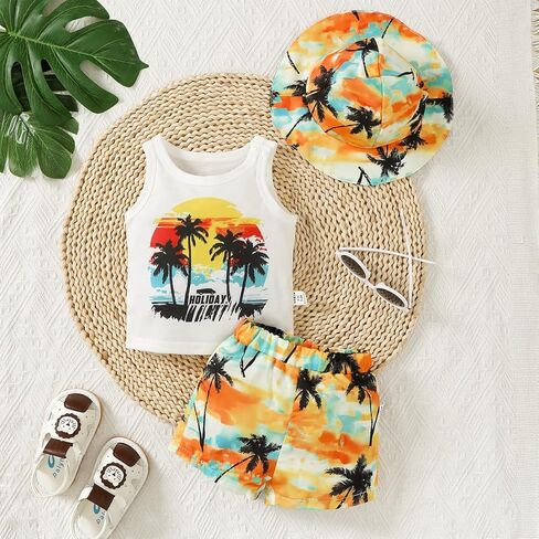 Baby Boy Shorts Set with Palm Tree Print Tank Top & Matching Hat, Holiday Summer Outfit in Kuwait
