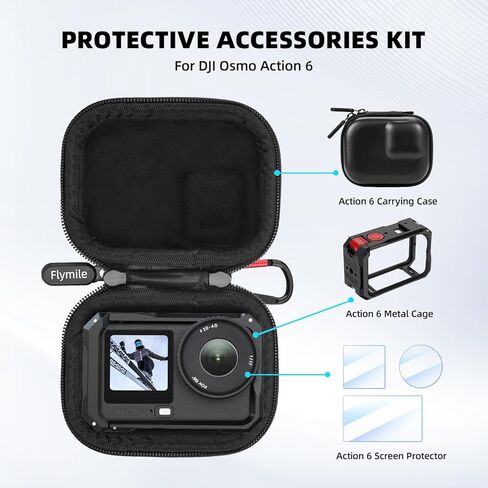 BRDRC Action 6 Camera Cage + Screen Protector+ Carrying Case (for Frame) Accessories Kit, Protective Metal Cage Portable PU Hard Bag Tempered Glass Lens Film for DJI Osmo Action 6 Protective Bundle in Kuwait