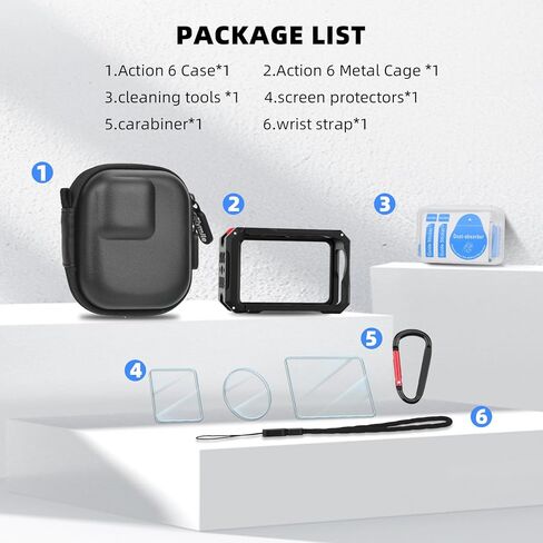 BRDRC Action 6 Camera Cage + Screen Protector+ Carrying Case (for Frame) Accessories Kit, Protective Metal Cage Portable PU Hard Bag Tempered Glass Lens Film for DJI Osmo Action 6 Protective Bundle in Kuwait