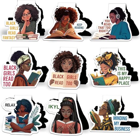 Laffact Black Girl Reading Pondmark - 9pcs نساء سوداء يقرأون الكثير من بطاقات تعقب الكتب المغناطيسية والكتاب ، ومكتب الوجهين الحفاظ in Kuwait