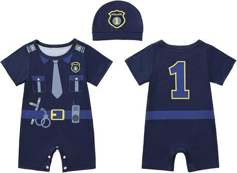 Baby Boy 1st Birthday Police Officer Outfit Infant First Birthday Outfit Boy Cop Romper Set with Hat in Kuwait