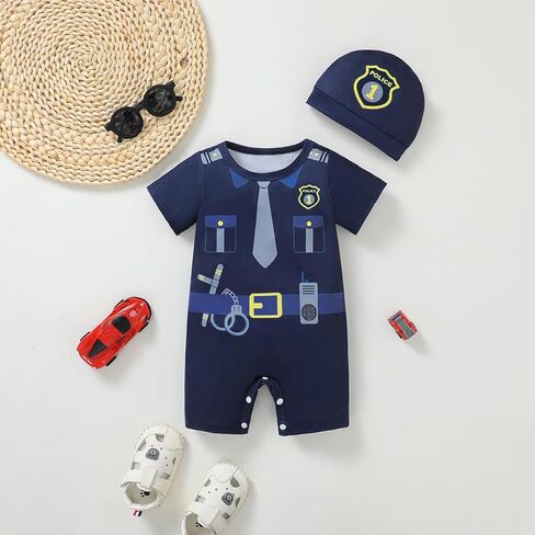 Baby Boy 1st Birthday Police Officer Outfit Infant First Birthday Outfit Boy Cop Romper Set with Hat in Saudi Arabia