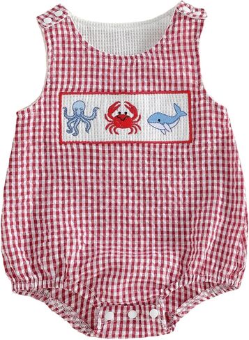 Newborn Baby Boy Summer Outfit Ocean Embroidery Sleeveless Romper Jumpsuit One Piece Plaid Clothes in Saudi Arabia