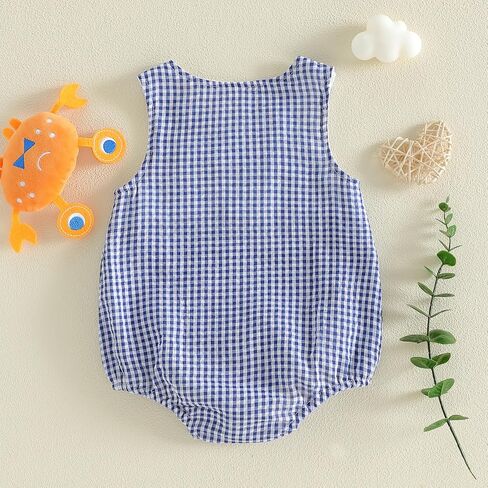 Newborn Baby Boy Summer Outfit Ocean Embroidery Sleeveless Romper Jumpsuit One Piece Plaid Clothes in Saudi Arabia