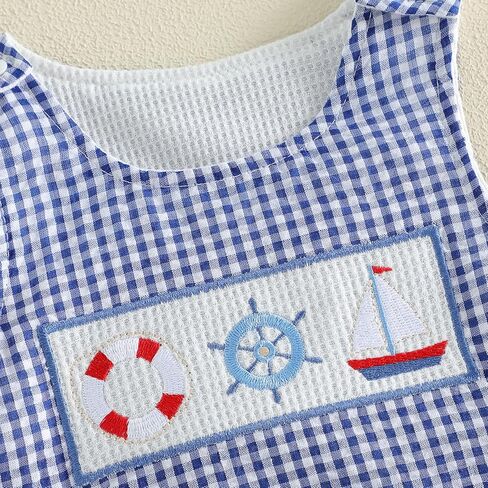 Newborn Baby Boy Summer Outfit Ocean Embroidery Sleeveless Romper Jumpsuit One Piece Plaid Clothes in Saudi Arabia
