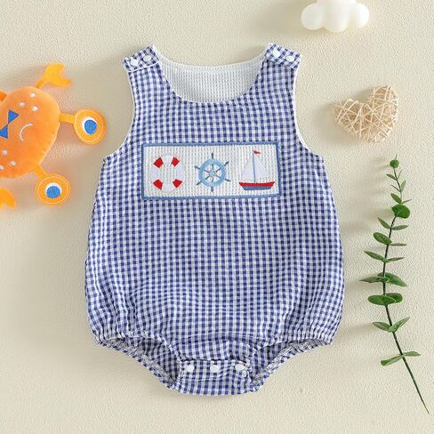 Newborn Baby Boy Summer Outfit Ocean Embroidery Sleeveless Romper Jumpsuit One Piece Plaid Clothes in Saudi Arabia