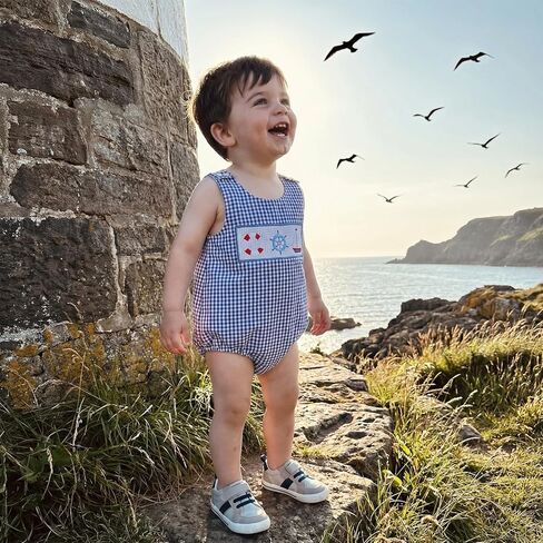 Newborn Baby Boy Summer Outfit Ocean Embroidery Sleeveless Romper Jumpsuit One Piece Plaid Clothes in Saudi Arabia