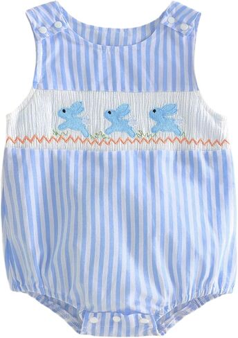 Newborn Infant Baby Boy Easter Outfit Bunny Carrot Embroidery Sleeveless Smocked Bubble Romper Striped/Plaid Bodysuit in Kuwait