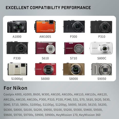 2 حزمة بطارية EN-EL12 مع شاحن لنيكون Coolpix A900 A1000 B600 W300 AW100 AW100s P300 P310 P330 P340 S31 S70 S610 S620 S630 S640 S6100 S6200 S6300 S8000 S9100 S9400 S9500 S9600 S9700 S9700s in Kuwait
