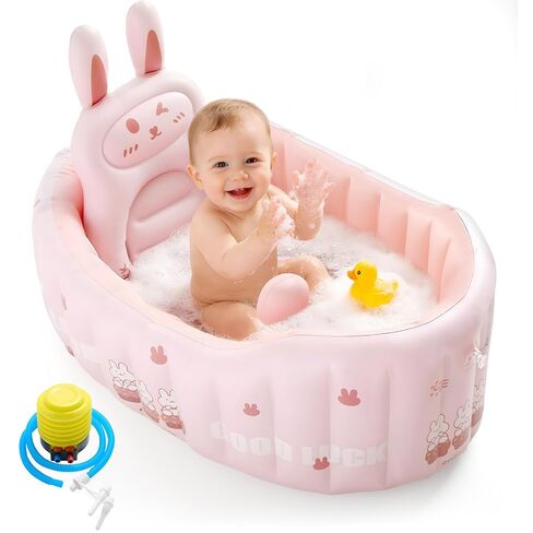 Inflatable Baby Bathtub with Seat Cushion & Air Pump, Newborn to Toddler Bath Tub, Foldable Portable Toddler Tub for Shower Sink, Non-Slip Texture, Quick-Drain, Travel-Ready, Green in Kuwait