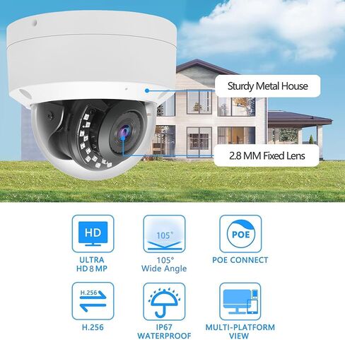 كاميرا Real HD 4K 8MP PoE IP Vandal Dome PoE IP خارجية، زاوية واسعة 2.8 مم 105 درجة Fov، رؤية ليلية 98 قدمًا، H.265، مقاومة للماء IP67، متوافقة مع NDAA in Kuwait
