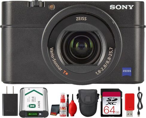 كاميرا سوني DSC-RX100 IV بدقة 20.1 ميجابكسل مع مستشعر CMOS مكدس 1 بوصة، وعدسة ZEISS مقاس 24-70 مم f/1.8-2.8 (DSC-RX100M4) + بطاقة 64 جيجابايت + حقيبة كاميرا + طقم تنظيف + قارئ بطاقات (حزمة من 9 قطع) in Kuwait