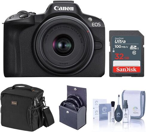 Canon EOS R50 Mirrorless Camera, Black with RF-S 18-45mm f/4.5-6.3 is STM Lens, 32GB SD Card, Shoulder Bag, 49mm Filter Kit, Cleaning in Kuwait