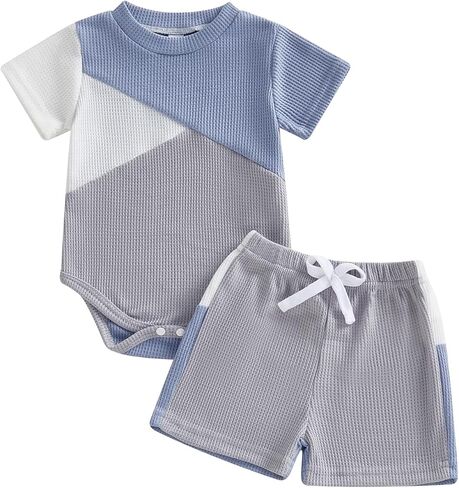 Newborn Baby Boy Summer Clothes Waffle Patchwork Short Sleeve Rompers Tops Elasti Shorts Sests Infant Boy Outfits in Kuwait