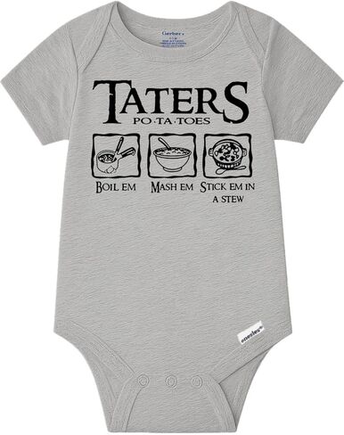 ملابس Brain Juice Tees Taters Onesie - Boil Em Mash Em Stick Em In A Stew - 100% قطن - متوفر باللون الأبيض أو الرمادي المنقط أو الوردي in Kuwait