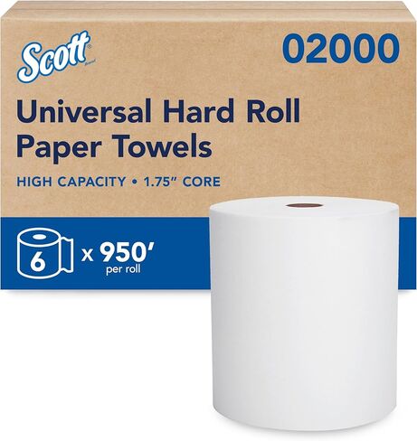 مناشف Scott® Essential Universal ذات اللفائف الصلبة عالية السعة (01000)، مع جيوب امتصاص™، 1.5 بوصة أساسية، بيضاء، (1000'/لفة، 12 لفة/علبة، 12000'/علبة) in Kuwait