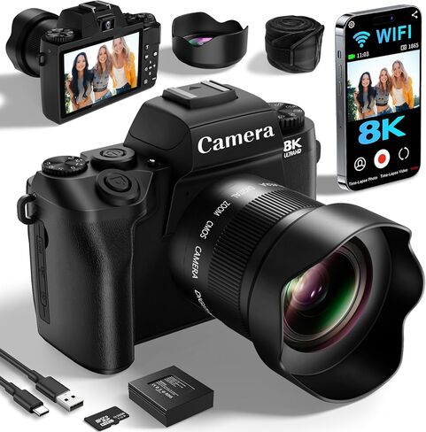 كاميرات رقمية بدقة 8K للتصوير الفوتوغرافي، وكاميرا تسجيل فيديو بدقة 64 ميجابكسل لليوتيوب مع شاشة لمس مقاس 4 بوصات، وكاميرات أمامية/خلفية مزدوجة مع ضوء تعبئة LED، وبطارية 3000 مللي أمبير في الساعة، وغطاء عدسة، وHot Shoe وبطاقة TF سعة 32 جيجابايت (أسود) in Kuwait
