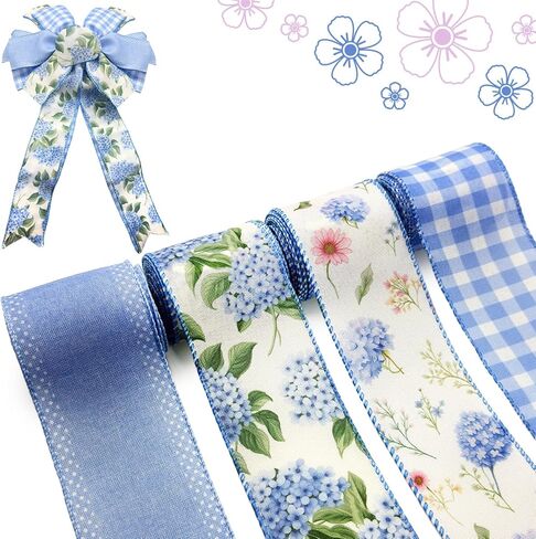 4 Rolls Spring Ribbon Wired, Vintage Green Wildflower Butterfly Gingham Fabric Ribbon for Gifts Wrapping DIY Crafts Wreath Bow Making Supplies Easter Party Decor Wedding Baby Shower, 5 Yds x 2.5 in in Saudi Arabia