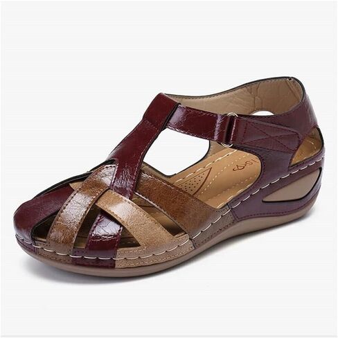 DOIX Women's Sandals High Wedge Heel Platform Hook and Loop Sandal Ladies Faux Leather Walking Sandals Summer Comfortable Non-Slip Closed Toe Retro Hollow Beach Shoes,Red,US8/EU39 in Saudi Arabia