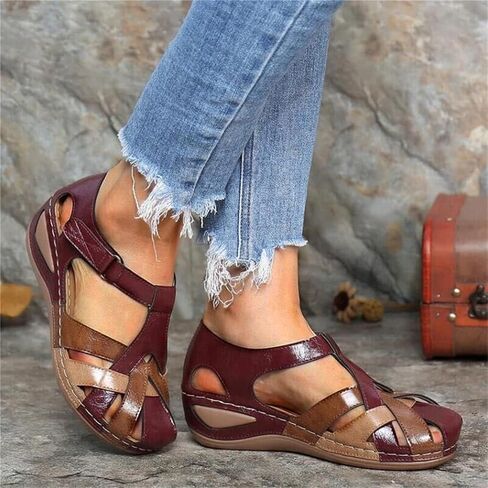 DOIX Women's Sandals High Wedge Heel Platform Hook and Loop Sandal Ladies Faux Leather Walking Sandals Summer Comfortable Non-Slip Closed Toe Retro Hollow Beach Shoes,Red,US8/EU39 in Saudi Arabia